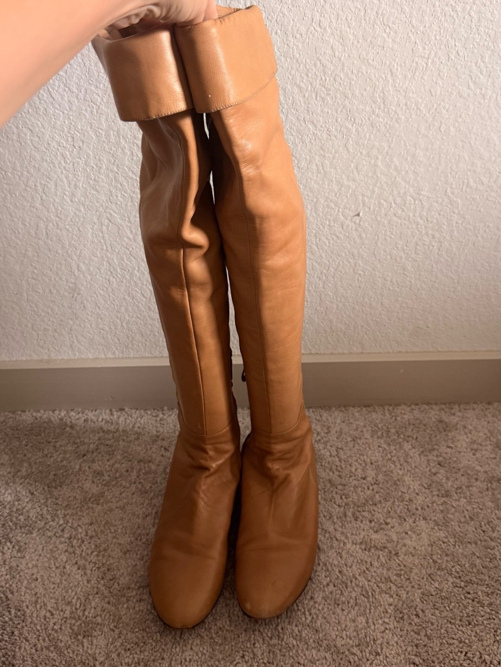 Sergio Rossi Cognac Over-the-Knee Fold-Top Leather Boots